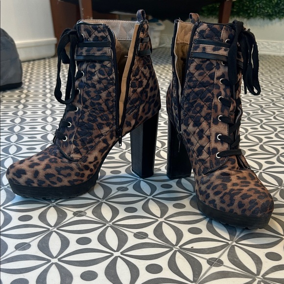 JustFab Animal Print Quilted Heeled Boots - Picture 1 of 5